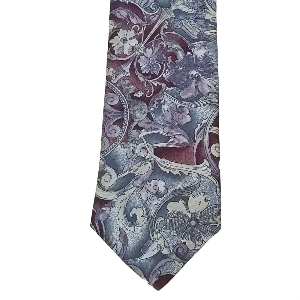 Bill Blass Silk Tie Floral Baroque Paisley Burgundy Blue Gray Classic Vintage